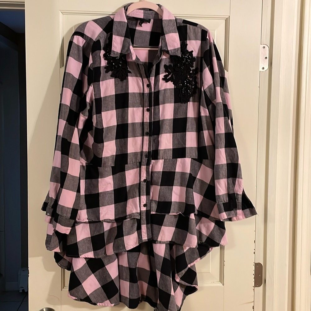 Lane Bryant Button Down Top Women 18 Plus Size Black Pink Checkered Tunic Casual